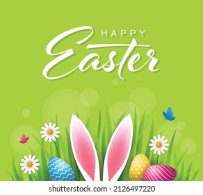 Easter festive vector illustration with bunny ears and colorful eggs in a grass. Egg hunt party banner, invitation or greeting card design.