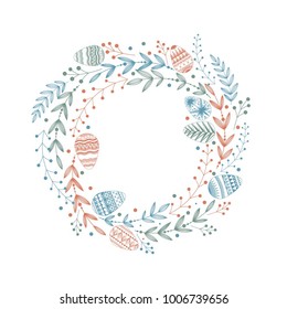 Easter festive wreath of eggs and plant elements