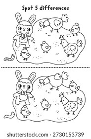 Easter find differences black and white game. Spring holiday educational line activity with bunny feeding hens and chickens. Cute puzzle for kids. Printable worksheet, coloring page for attention
