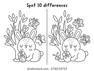 Easter find differences black and white game. Spring holiday line educational activity with bunny sitting with egg near blooming tree. Cute puzzle for kids. Printable worksheet, coloring page
