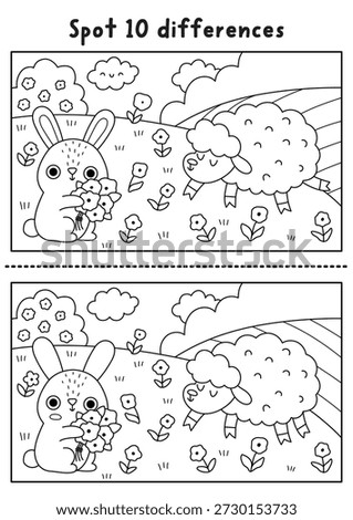Easter find differences black and white game. Spring holiday line educational activity with bunny picking flowers on meadow with sheep. Printable worksheet, puzzle, coloring page with rural scene
