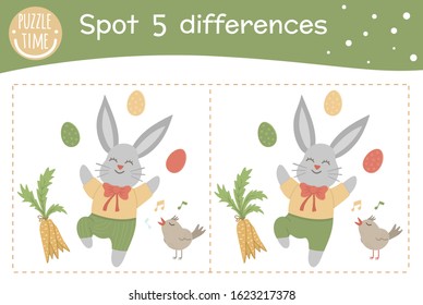 Easter find differences game for children. Spring holiday festive preschool activity with bunny, colored eggs, carrot and singing bird. Puzzle with cute funny smiling characters