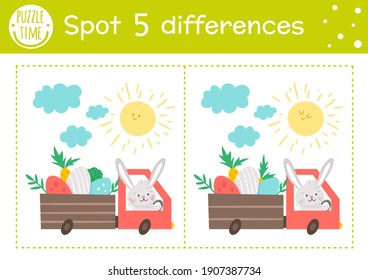 Easter find differences game for children. Holiday educational activity with funny bunny driving a truck with colored eggs. Printable worksheet with cute character. Spring puzzle for kids.
