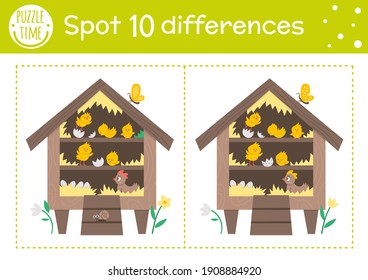 Easter find differences game for children. Holiday educational activity with hen coop and chickens. Printable worksheet with cute hatching chicks. Spring puzzle for kids.
