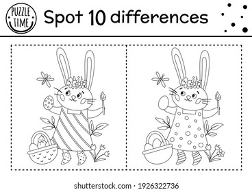 Easter find differences game for children. Holiday black and white educational activity and coloring page with funny bunny coloring egg. Spring seasonal printable worksheet with cute character. 
