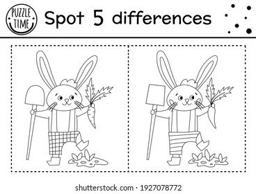 Easter find differences game for children. Holiday black and white educational activity and coloring page with funny bunny with spade and carrot. Spring garden printable worksheet with cute character