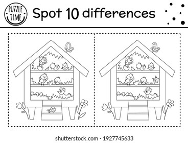 Easter find differences game for children. Holiday black and white educational activity and coloring page with funny roost with hen and chicks. Spring garden printable worksheet with cute characters