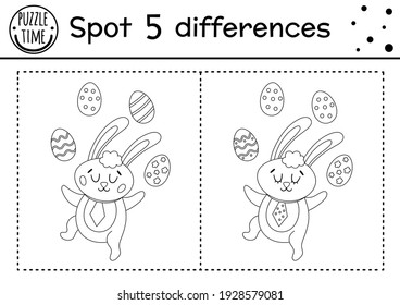 Easter find differences game for children. Holiday black and white educational activity and coloring page with funny bunny juggling the eggs. Spring seasonal printable worksheet with cute character. 
