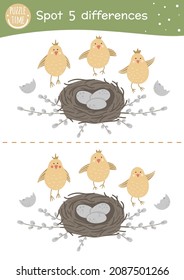 Easter find differences game for children. Holiday activity page with funny chicks, nest, willow twigs and eggs. Printable worksheet with cute happy farm birds. Spring puzzle for kids
