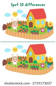Ostern finden Unterschiede Spiel für Kinder. Frühlingsferien pädagogische Aktivität mit Hasen wächst Karotten in seinem Garten. Nettes Puzzle für Kinder. Druckbares Arbeitsblatt, Seite für Logik und Aufmerksamkeit
