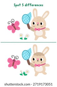 Pascua encontrar diferencias juego para niños. Actividad educativa de vacaciones de primavera con mariposa de captura de conejo con red. Lindo rompecabezas para los niños. Hoja de trabajo imprimible, página para lógica y atención
