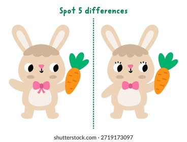 Easter find differences game for children. Spring holiday educational activity with bunny standing with carrot. Cute puzzle for kids. Printable worksheet, page for logic and attention
