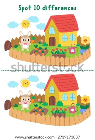 Easter find differences game for children. Spring holiday educational activity with bunny growing carrots in his garden. Cute puzzle for kids. Printable worksheet, page for logic and attention
