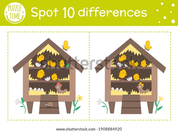 Easter find differences\
game for children. Holiday educational activity with hen coop and\
chickens. Printable worksheet with cute hatching chicks. Spring\
puzzle for kids.\
