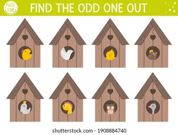 Easter find odd one out activity for children with nestlings in bird houses. Fun spring puzzle with cute little birds in starling. Holiday celebration educational game, printable worksheet for kids.
