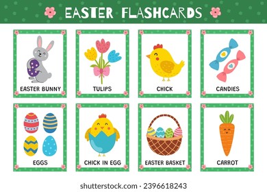 Easter flashcards collection for kids. Flash cards set with cute spring characters for school and preschool. Learning to read activity for children. Vector illustration