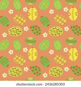 Easter flat colored seamless pattern with eggs. Flat colored decorated eggs with flowers on orange background. Unique retro print design for textile, wallpaper, interior, wrapping