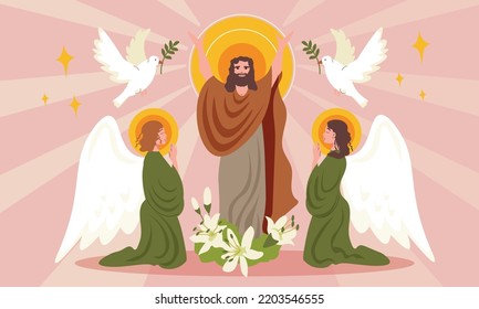 Easter flat composition with Jesus Christ doves and praying angels vector illustration