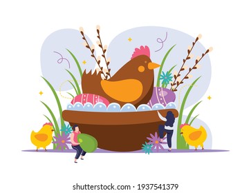 Easter flat concept with colored eggs hen and people vector illustration