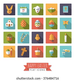 Easter Flat Design long shadow Vector Icon Set. Collection of 20 holiday symbols in rounded squares