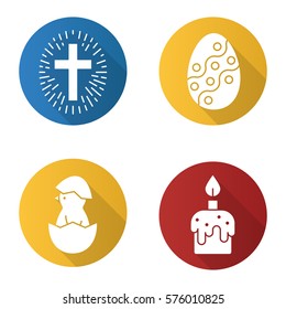 Easter flat design long shadow icons set. Newborn chicken, cross with light around, Easter egg, melting candle. Vector silhouette illustration