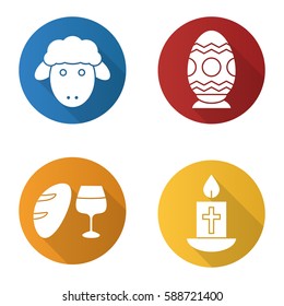 Easter flat design long shadow icons set. Easter egg, lamb, candle with cross, bread and wine. Vector silhouette illustration