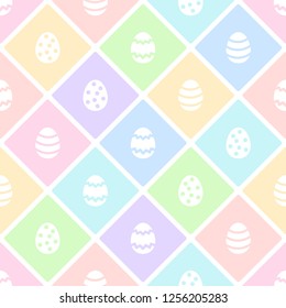 Easter flat design seamless repeat vector pattern. Geometric abstract mosaic texture with square grid, diagonal check, plaid, mesh, fence and simple painted eggs. Multicolored, colorful background.