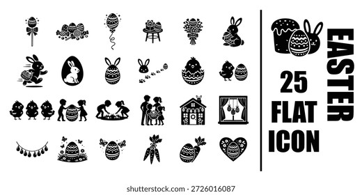 Easter Flat Icon Set with Bunny, Chicks, Kids Egg Hunt, Decorated Eggs and Spring Decorations, Black Silhouette
