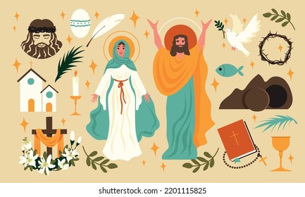 Easter Flat Icons Set With Biblical Characters And Holy Symbols Isolated Vector Illustration