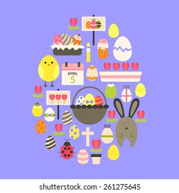 Easter Flat Icons Set Egg shaped over purple. Flat stylized holiday icons set Egg shaped