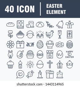 Easter flat line icons set. Colored eggs, basket, egg hunt, rabbit, spring flowers, bible, cake vector illustrations. Thin signs christianity celebration. Pixel perfect 64x64. Editable Strokes