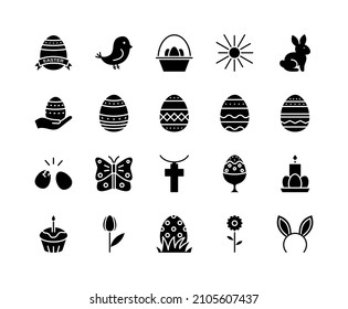 Easter flat line icons set. Contains such icons as Colored egg, bunny, basket, cake and chick. Simple flat vector illustration for web site or mobile app.