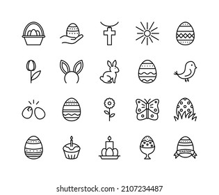 Easter flat line icons set. Contains such icons as Colored egg, bunny, basket, cake and chick. Simple flat vector illustration for web site or mobile app.