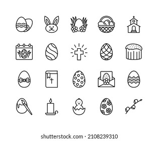 Easter flat line icons set. Contains such icons as Colored egg, bunny, basket, cake and chick. Simple flat vector illustration for web site or mobile app.