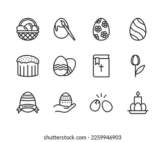 Easter flat line icons set. Contains such icons as Colored egg, bunny, basket, cake and chick. Simple flat vector illustration for web site or mobile app