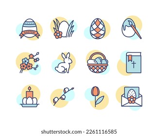 Easter flat line icons set. Contains such icons as Colored egg, bunny, basket, cake and chick. Simple flat vector illustration for web site or mobile app