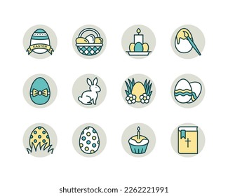 Easter flat line icons set. Contains such icons as Colored egg, bunny, basket, cake and chick. Simple flat vector illustration for web site or mobile app