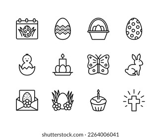 Easter flat line icons set. Contains such icons as Colored egg, bunny, basket, cake and chick. Simple flat vector illustration for web site or mobile app