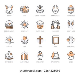 Iconos de línea plana de Semana Santa. Caza de huevos de colores, cesta, conejo, flores de primavera, tulipán, biblia, ilustración de los vectores de tortas. Señales delgadas para la celebración de la cristiandad. Color naranja. Stroke Editable