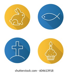 Easter flat linear long shadow icons set. Cross on hill, Easter bunny, cake with candle, fish. Vector line illustration