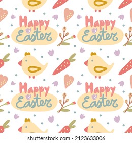 Easter flat seamless pattern with carrot, chicken, lettering, heart