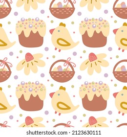 Easter flat seamless pattern with chicken, cake, flower