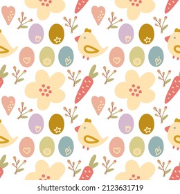 Easter flat seamless pattern with chicken, carrot, flower, willow