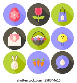 Easter flat styled circle icon set 2 with long shadow. Flat stylized circle vector colorful illustrations