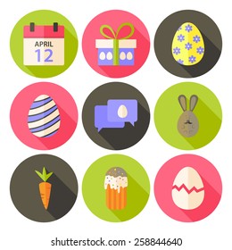 Easter flat styled circle icon set 5 with long shadow. Flat stylized circle vector colorful illustrations