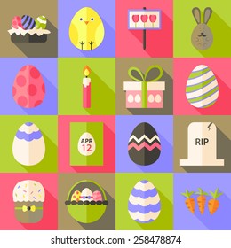 Easter flat styled icon set with long shadow. Flat stylized icons set with long shadow