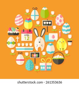 Easter Flat stylized Icons Set circular shaped with shadow. Flat stylized holiday icons set 