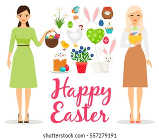 Easter flat vector illustration. Spring elements with sunday cake and butterfly, eggs and woman moms.