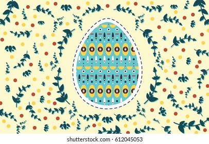 Easter floral background with branches and egg. Easter painted egg in the center. Easter pattern for card.