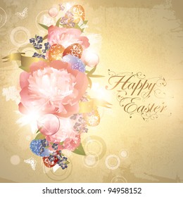 Easter floral background with eggs and peony flowers